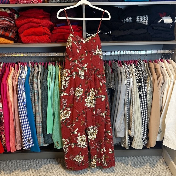 Xhilaration Pants - Xhilaration maroon/cream floral adjustable strap padded bust smocked jumpsuit L